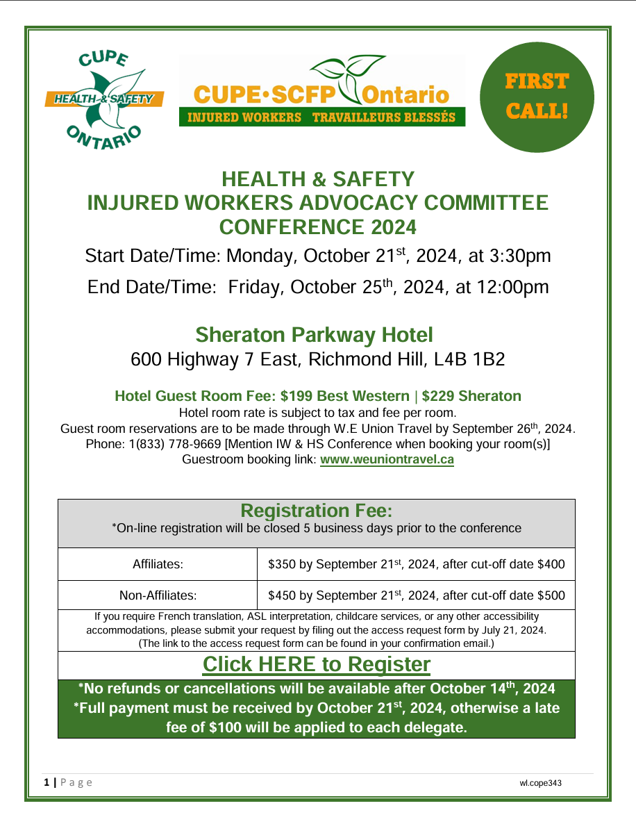 HEALTH & SAFETY INJURED WORKERS (HS&IW) ADVOCACY COMMITTEE CONFERENCE @ Sheraton Parkway Hotel